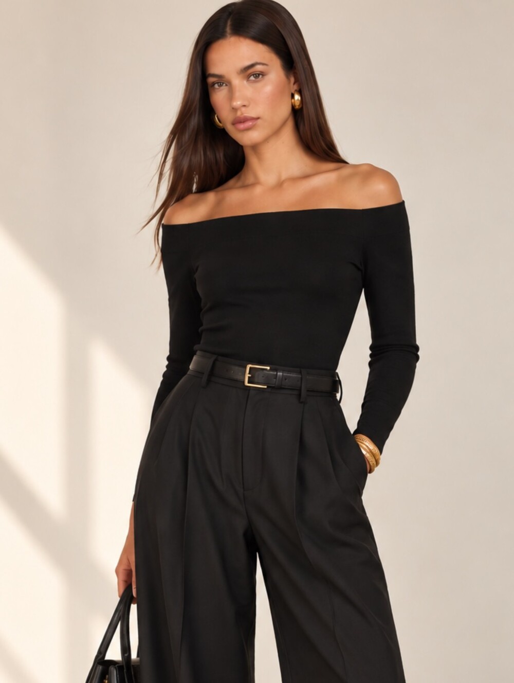 L’AGENCE Cynthia Black Off-Shoulder Long Sleeve Knit Top Minimalist Size Large